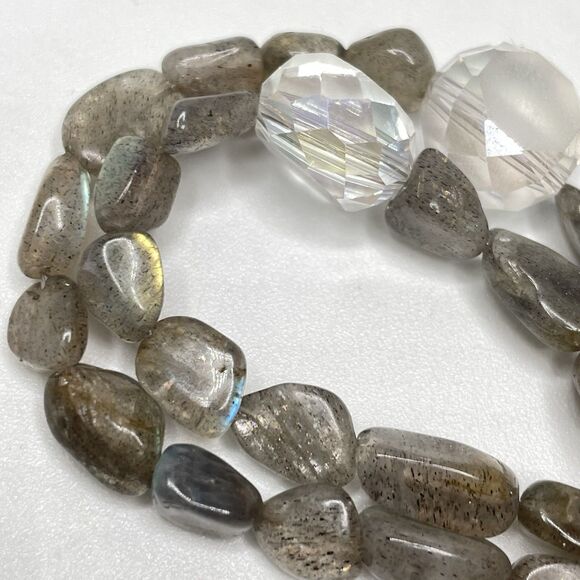 Natural Labradorite Chip White AB Froster Glass Beaded Necklace Boho Statement - Picture 6 of 8